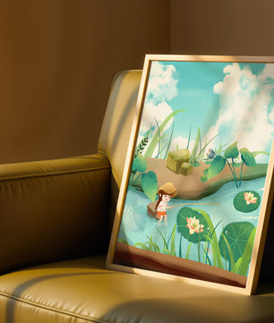 Ruhige Illustration eines Kindes, das an einem Teich mit Seerosen angelt