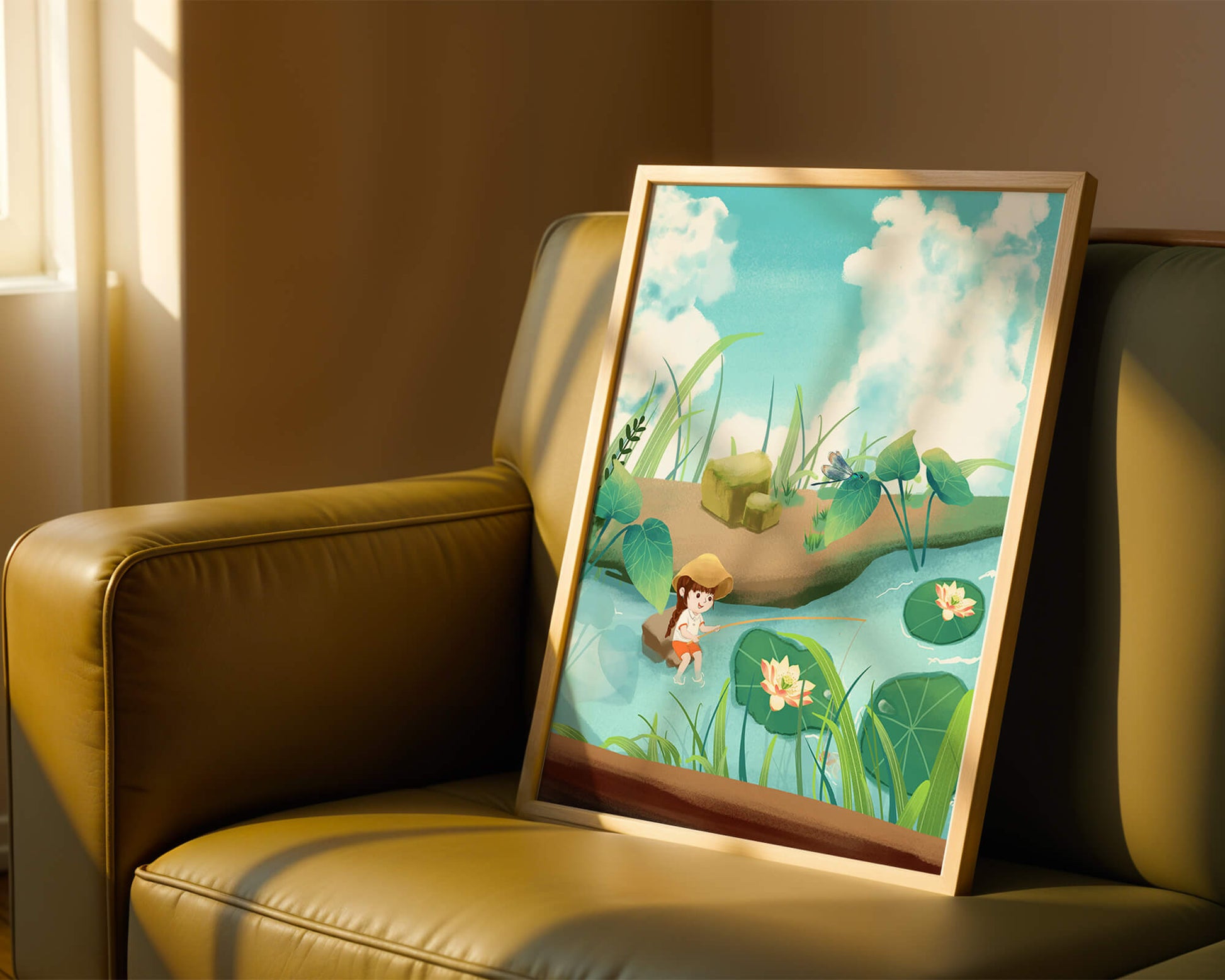Ruhige Illustration eines Kindes, das an einem Teich mit Seerosen angelt