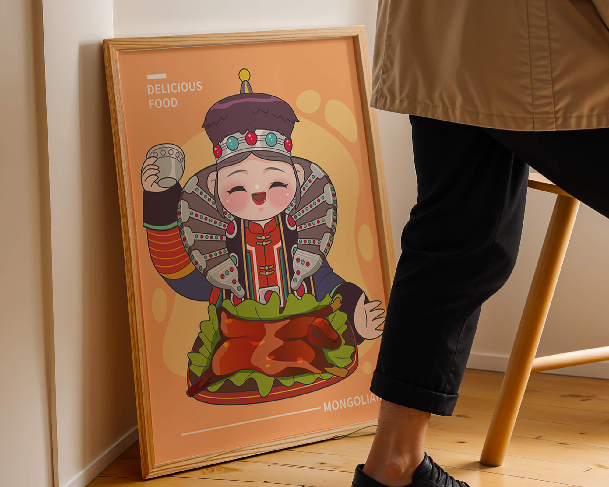 Cartoon character in traditional Mongolian attire with food