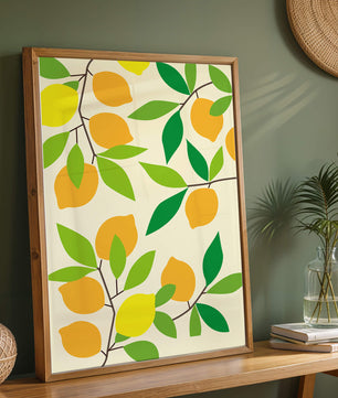 Vibrant lemon pattern with colorful leaves and citrus fruits