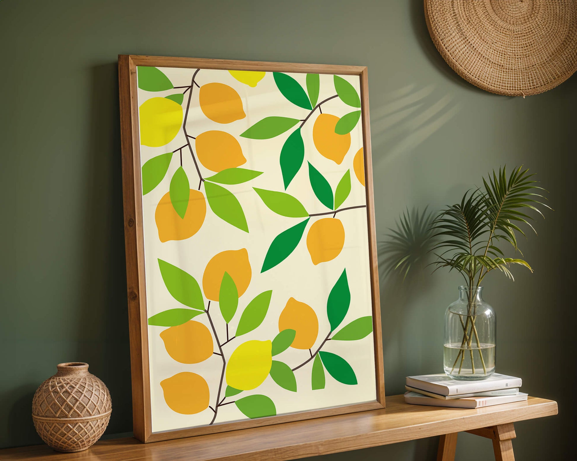 Vibrant lemon pattern with colorful leaves and citrus fruits