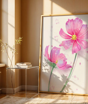 Flores delicadas en acuarela rosada con salpicaduras artísticas en lienzo
