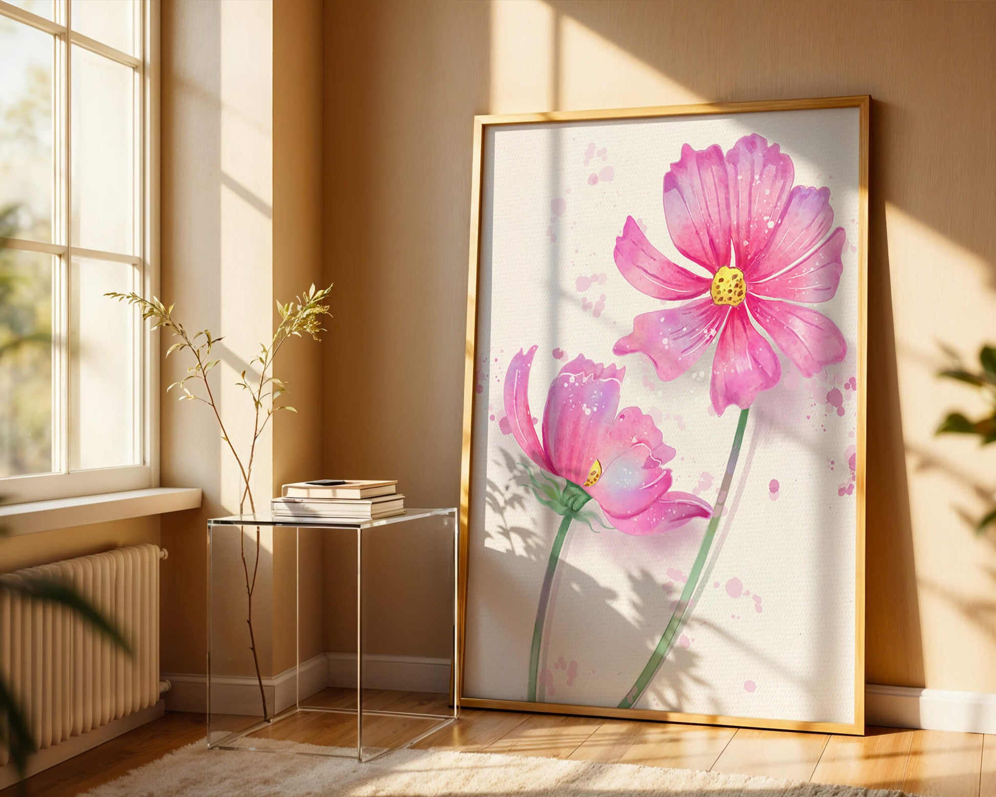 Flores delicadas en acuarela rosada con salpicaduras artísticas en lienzo