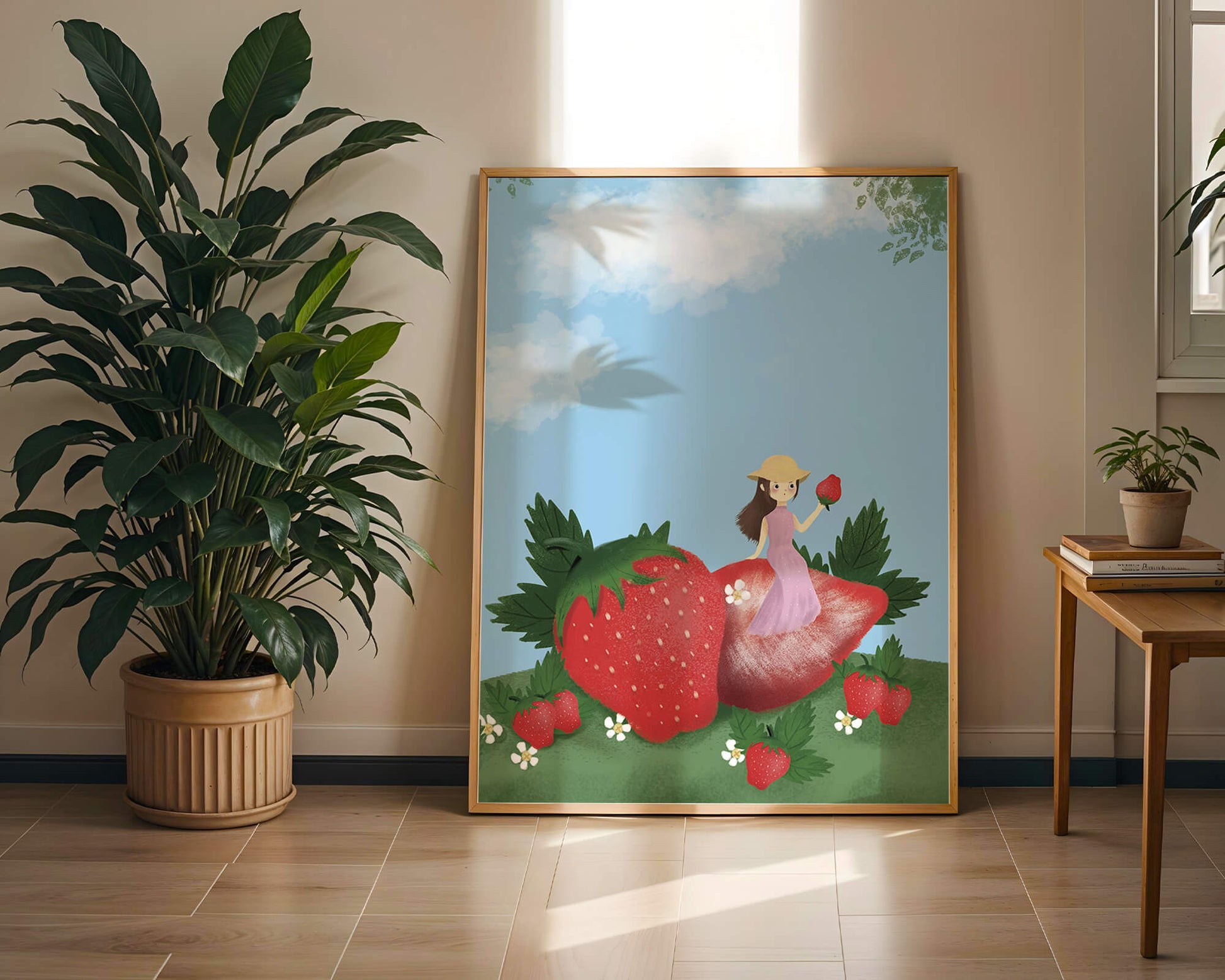 Charming illustration of a girl in a strawberry field
