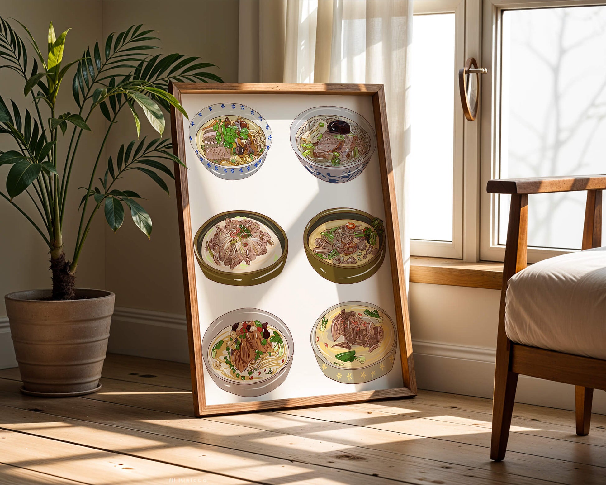Illustrated bowls of Asian noodle soups with herbs and vegetables