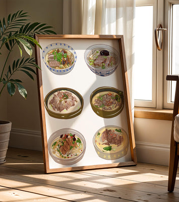 Illustrated bowls of Asian noodle soups with herbs and vegetables