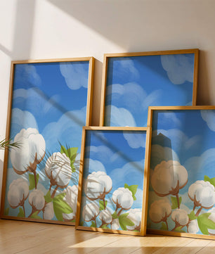 Künstlerische Illustration von Baumwollpflanzen vor einem klaren blauen Himmel