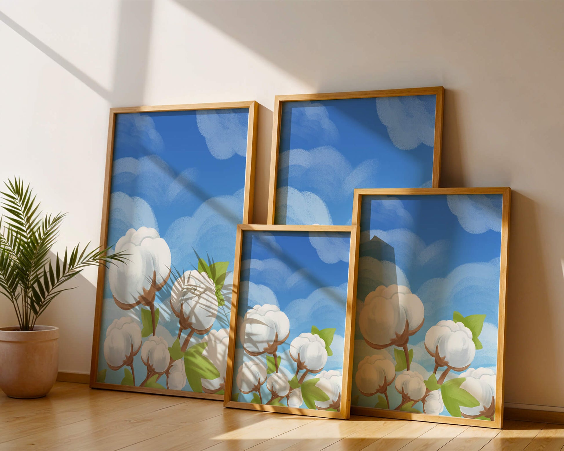 Künstlerische Illustration von Baumwollpflanzen vor einem klaren blauen Himmel