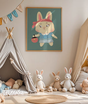 Illustration d'un lapin cartoon avec un bandeau et un sac rond