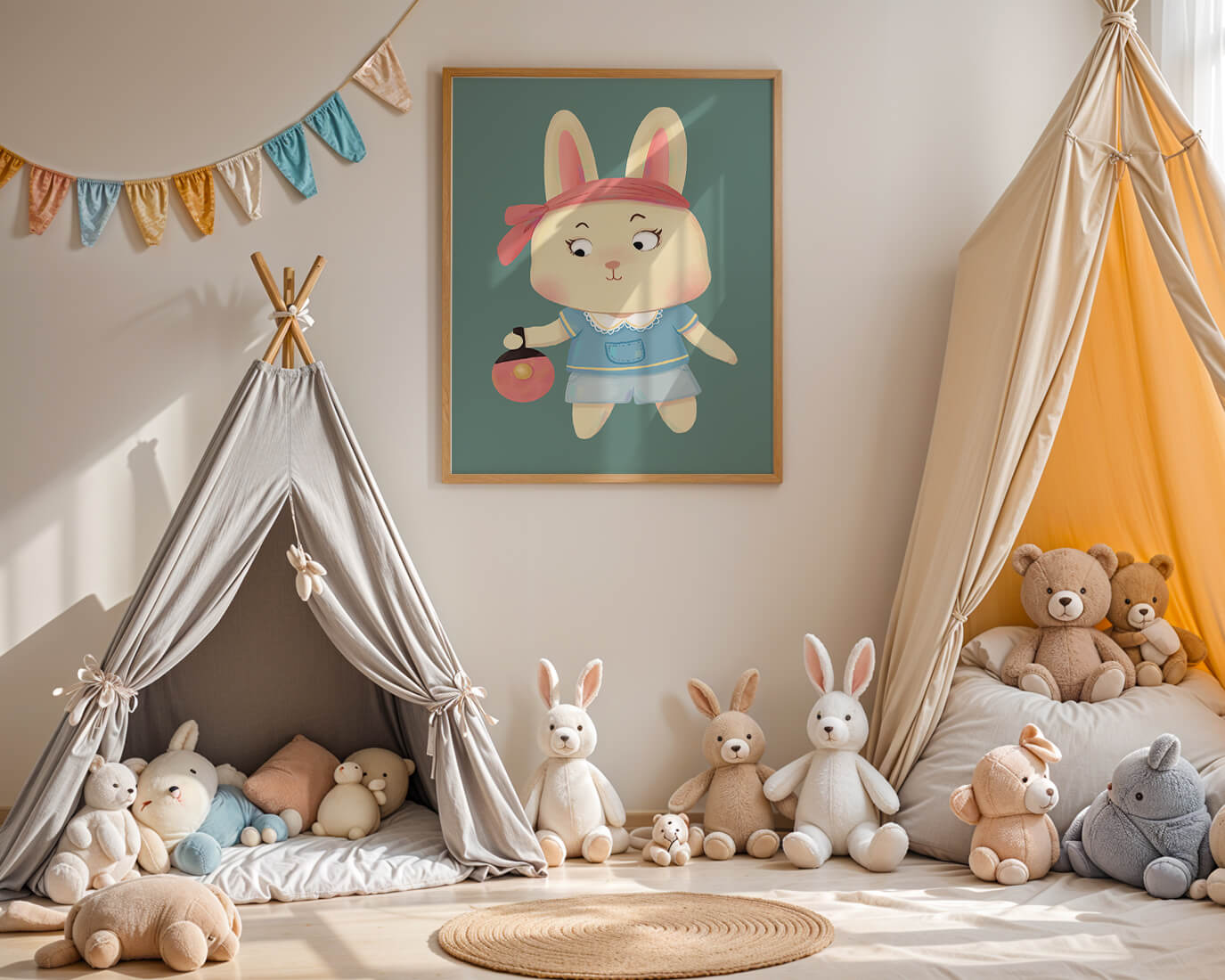 Illustration d'un lapin cartoon avec un bandeau et un sac rond