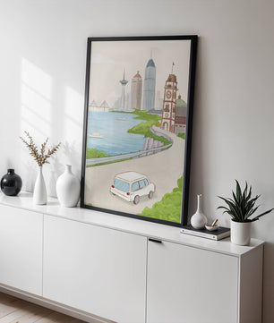 Scenic coastal cityscape with modern buildings and a classic clock tower