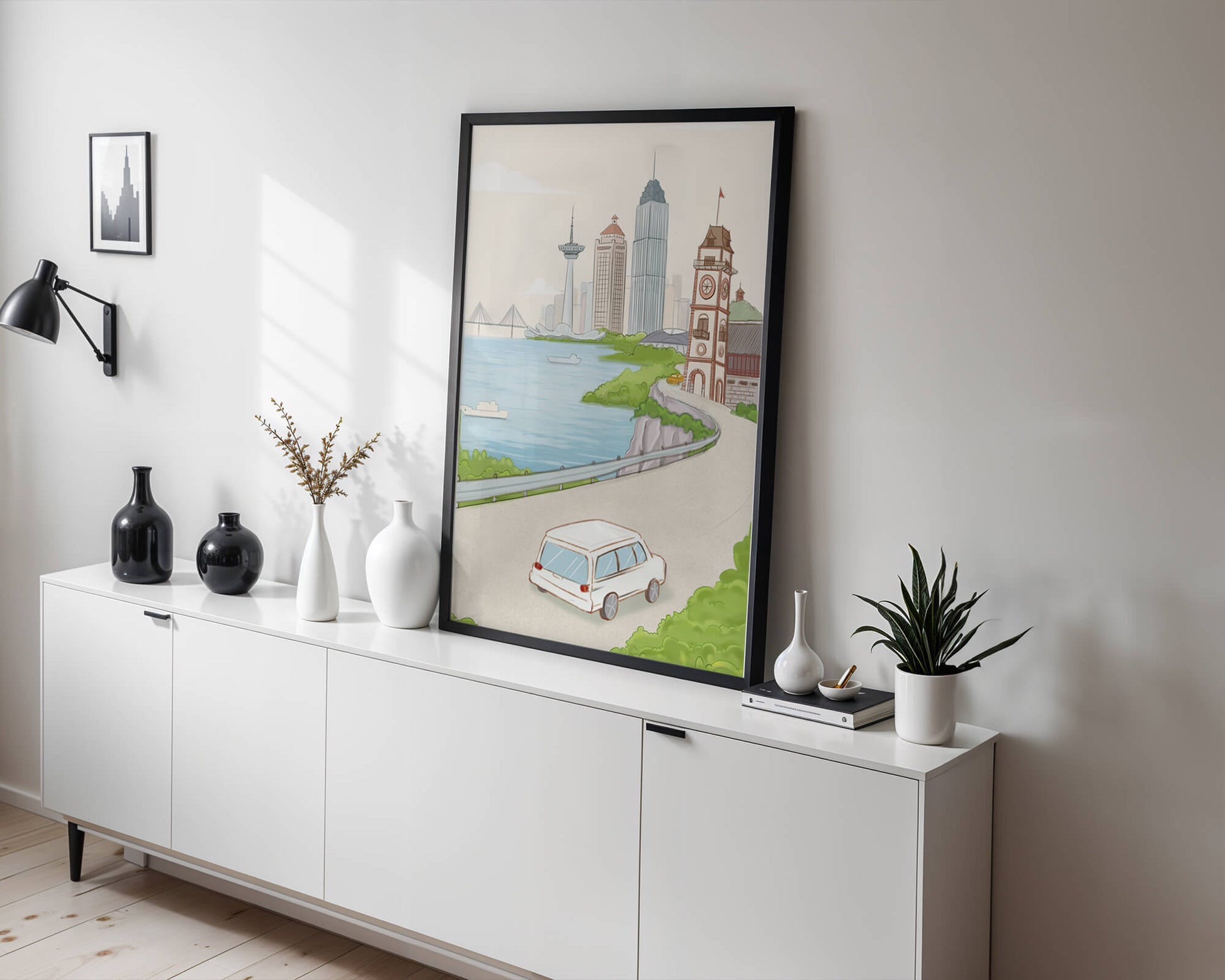 Scenic coastal cityscape with modern buildings and a classic clock tower
