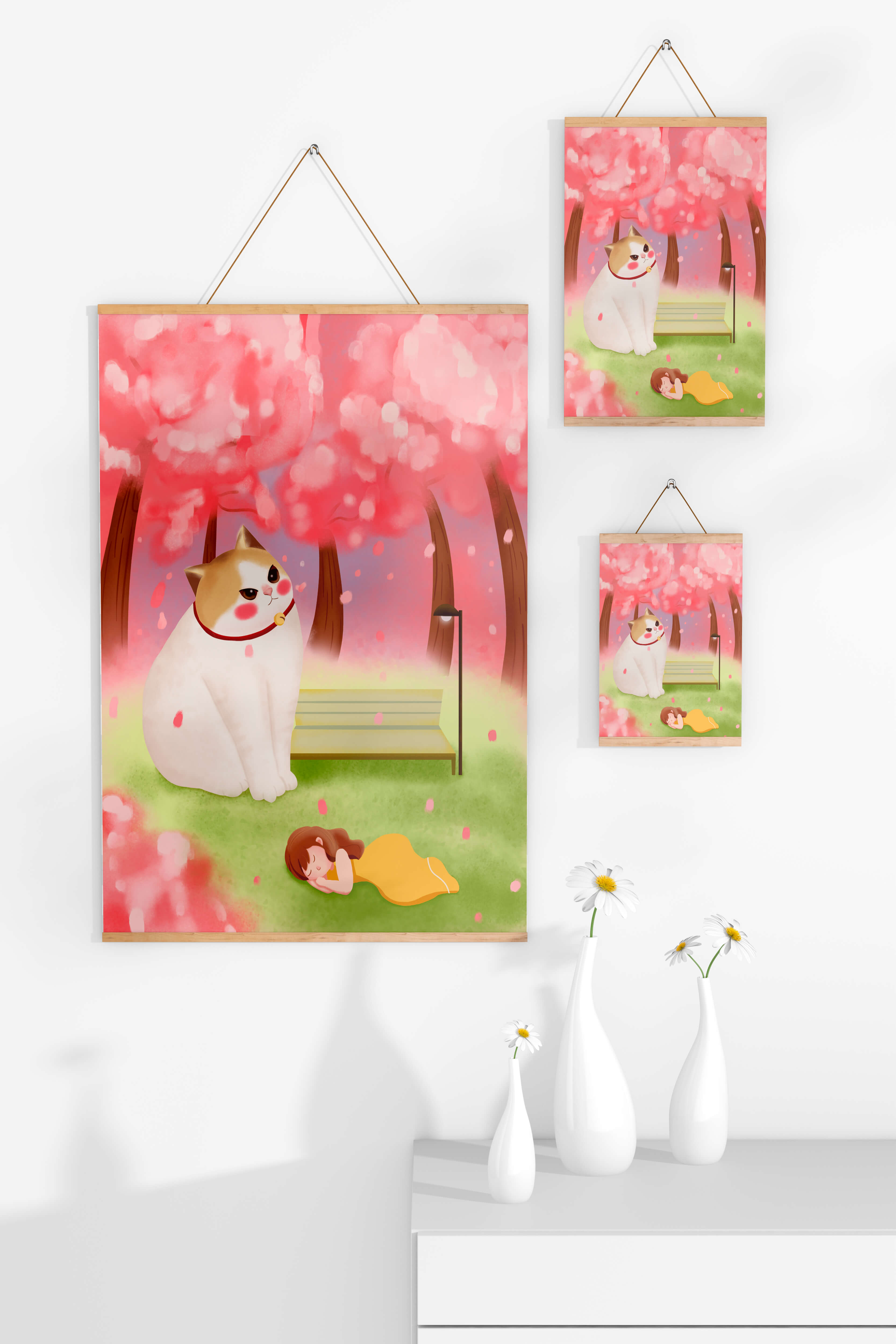 Whimsical scene with giant cat and girl under cherry blossoms