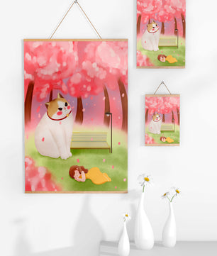 Whimsical scene with giant cat and girl under cherry blossoms