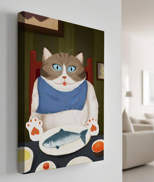 Ilustración de un gato comiendo con pescado y babero azul