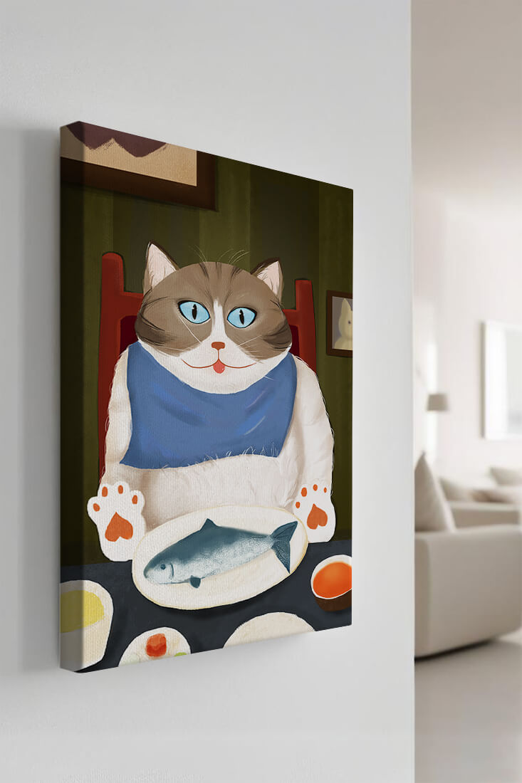 Ilustración de un gato comiendo con pescado y babero azul