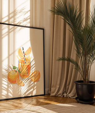 Illustration of a refreshing orange juice with fresh oranges and splash