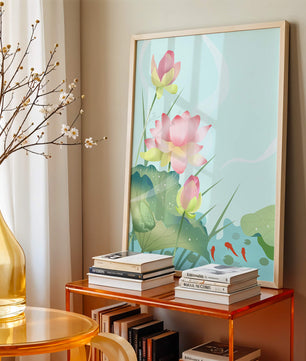Loteo de flores de loto ilustrativas con hojas y peces koi en un estanque sereno