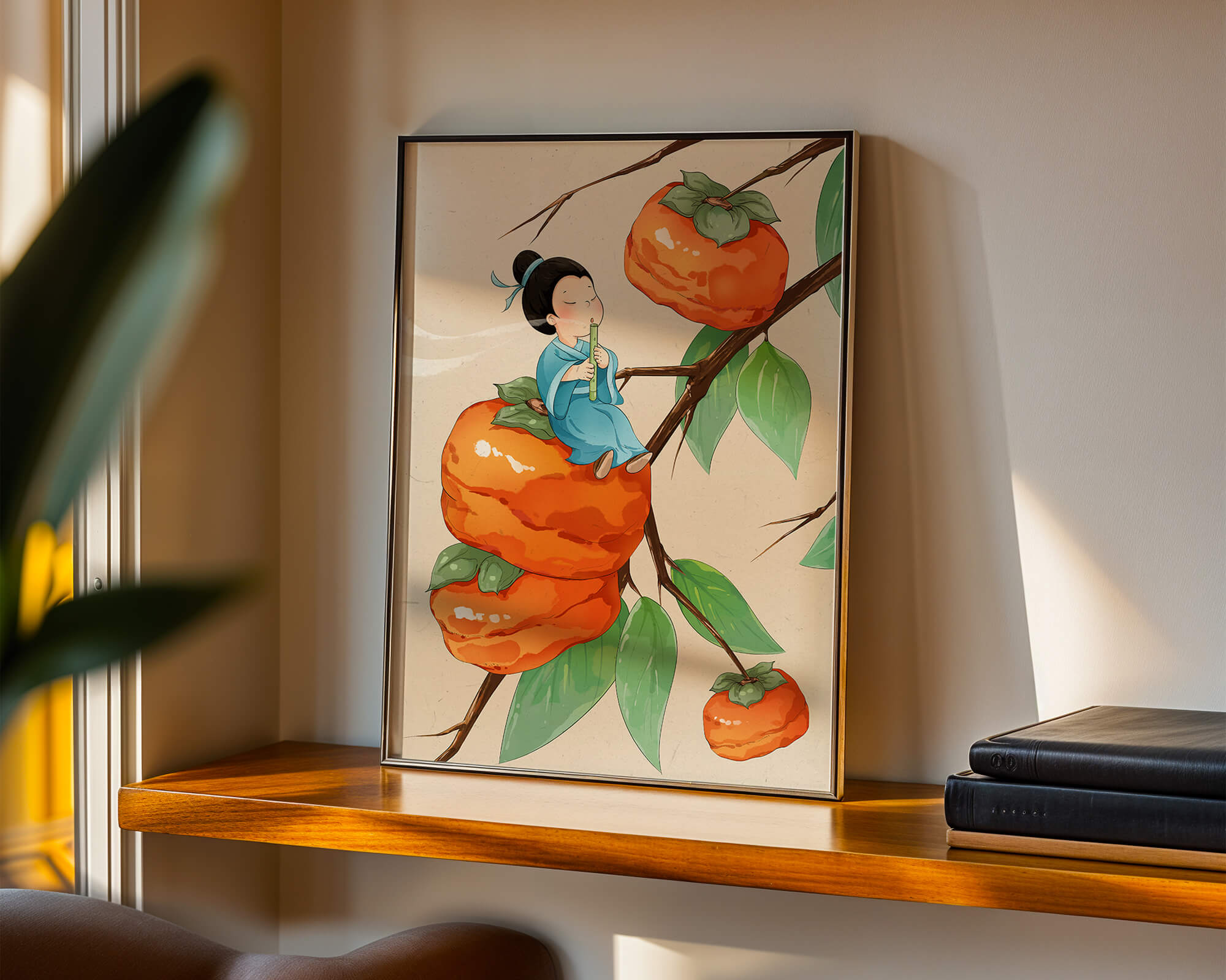 Child playing flute on persimmon-filled tree in whimsical illustration