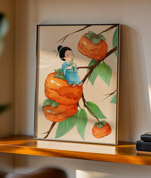 Child playing flute on persimmon-filled tree in whimsical illustration