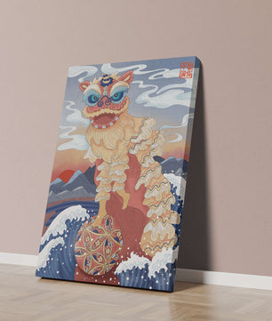 Traditionelle chinesische Löwentanzkunst mit malerischem Hintergrund