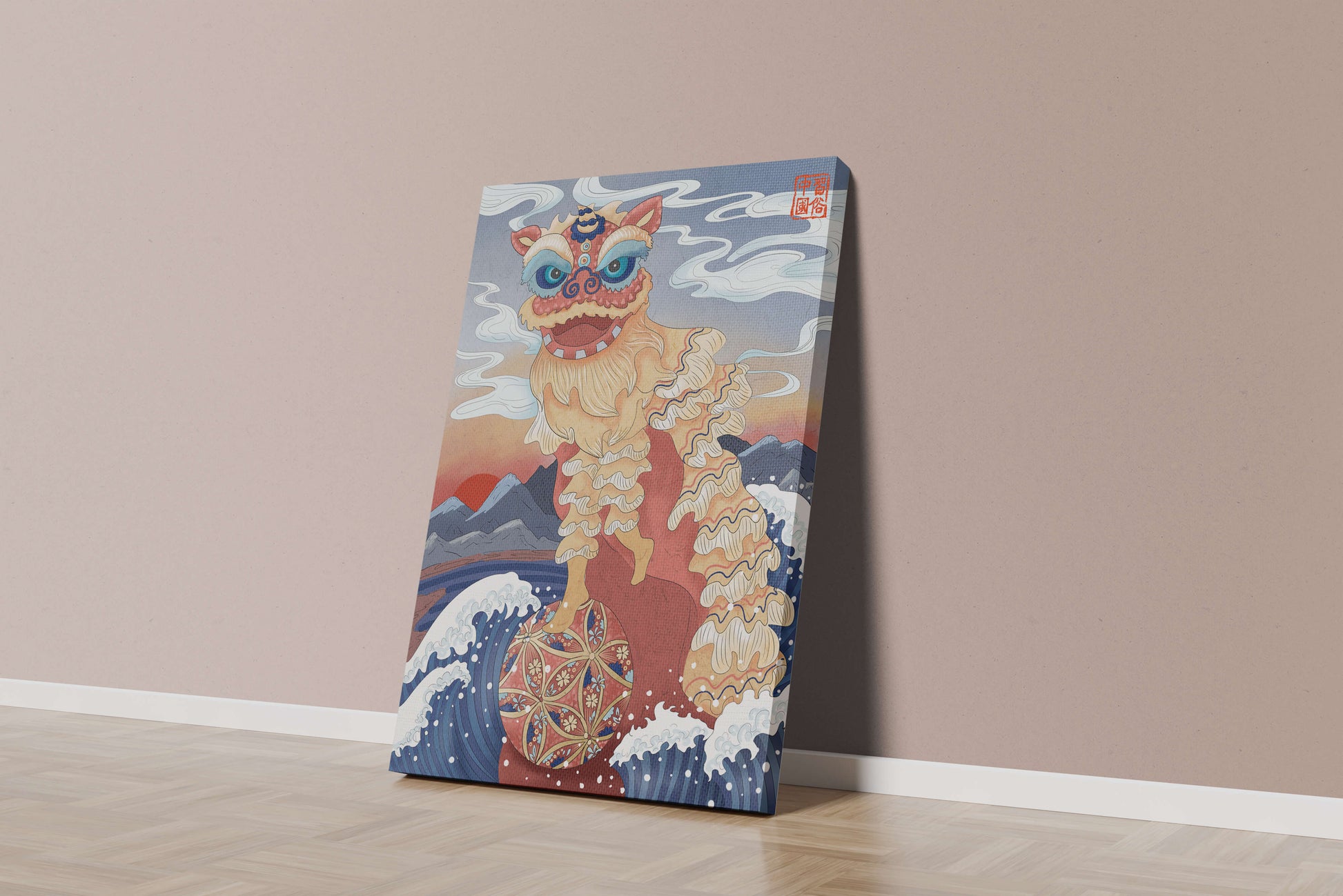 Traditionelle chinesische Löwentanzkunst mit malerischem Hintergrund