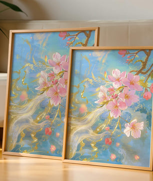 Beautiful Cherry Blossom Branch with Golden Highlights on a Soft Blue Background - Mi tienda