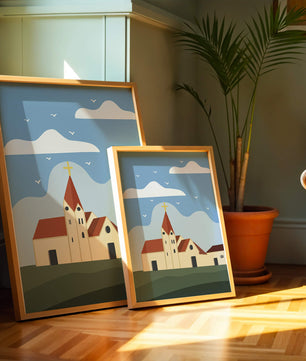 Idyllic Church Landscape with Golden Cross and Blue Sky