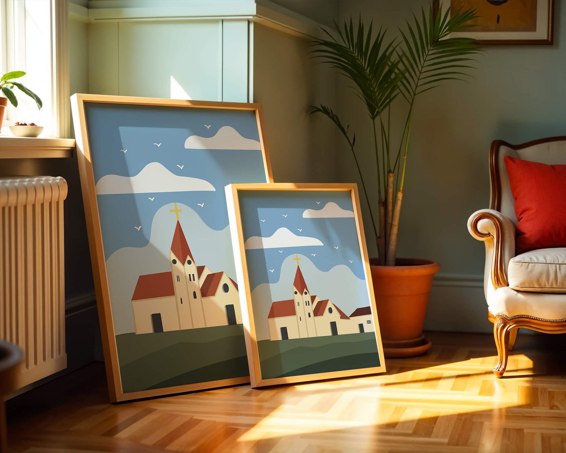 Paisaje idílico de iglesia con cruz dorada y cielo azul