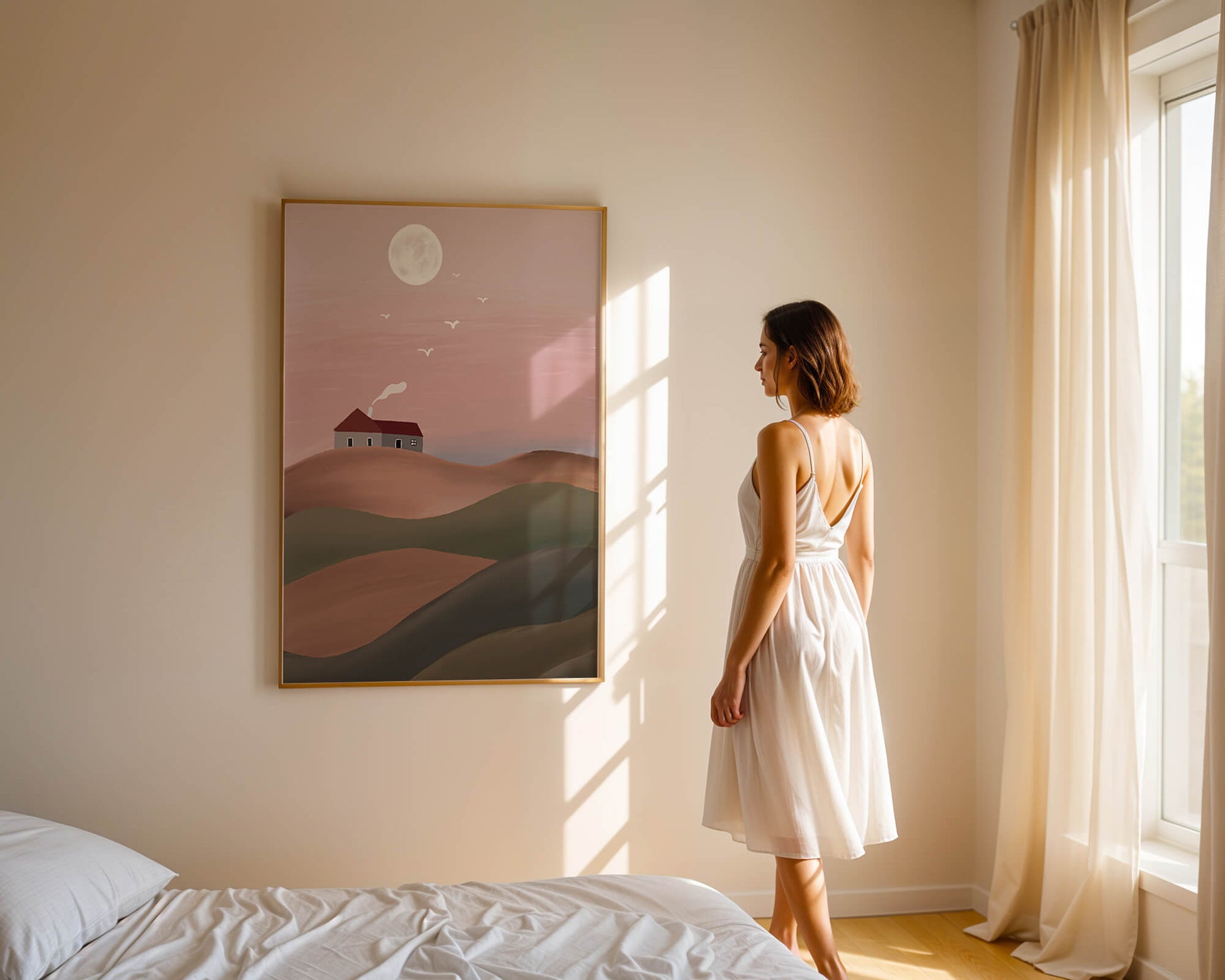 Casa en una colina rosa bajo la luna llena