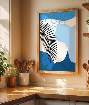 Hoja de palma abstracta sobre fondo azul con líneas fluidas