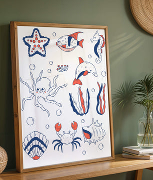 Colorful marine life illustration featuring sea creatures on a dark background
