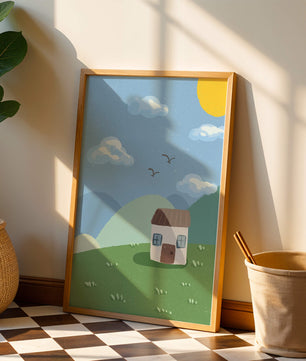 Illustration of a small house on a sunny hillside with clouds in a blue sky