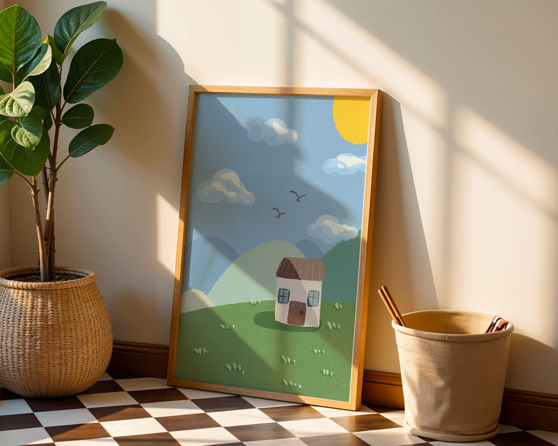 Illustration of a small house on a sunny hillside with clouds in a blue sky