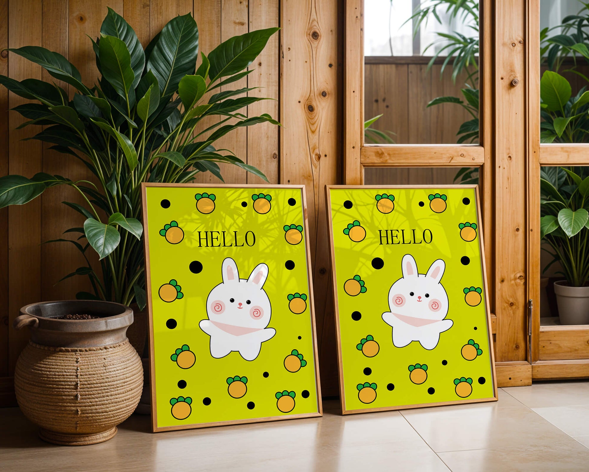 Charming rabbit cartoon illustration on yellow background with orange elements