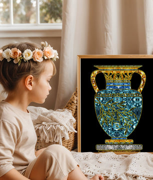 Jarrón de mosaico detallado con piedras preciosas doradas y azules sobre fondo negro