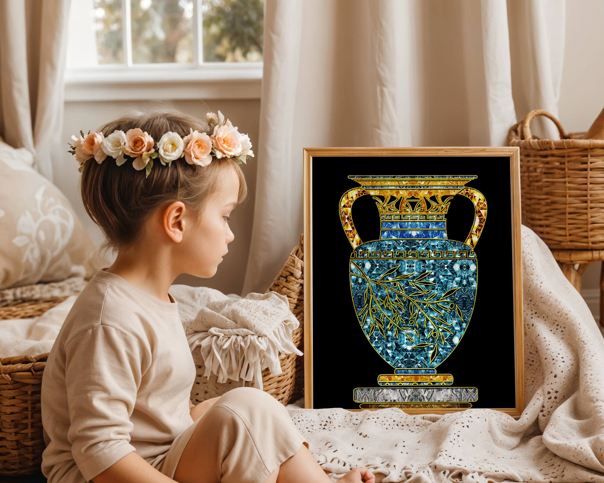 Jarrón de mosaico detallado con piedras preciosas doradas y azules sobre fondo negro
