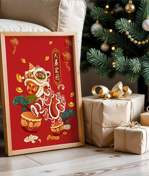 Ilustración de la danza del león china tradicional con elementos festivos