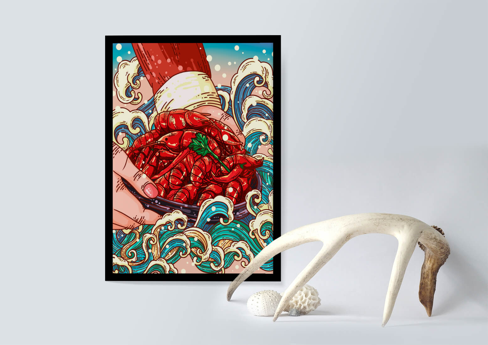 Colorful Cartoon Illustration of Hand Holding Crawfish Over Decorative Waves