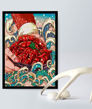 Colorful Cartoon Illustration of Hand Holding Crawfish Over Decorative Waves