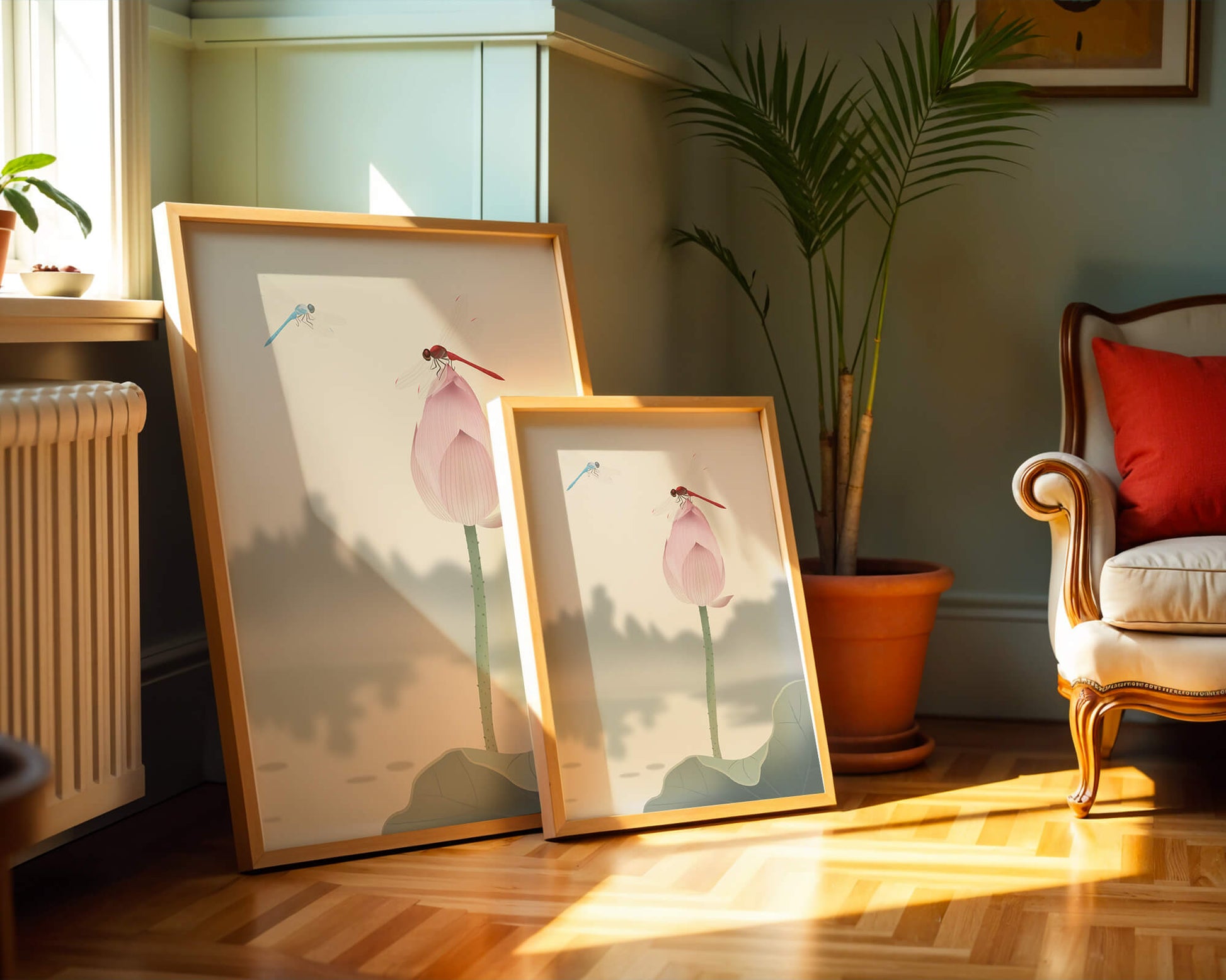 Libélulas sobre un capullo de loto con paisaje sereno