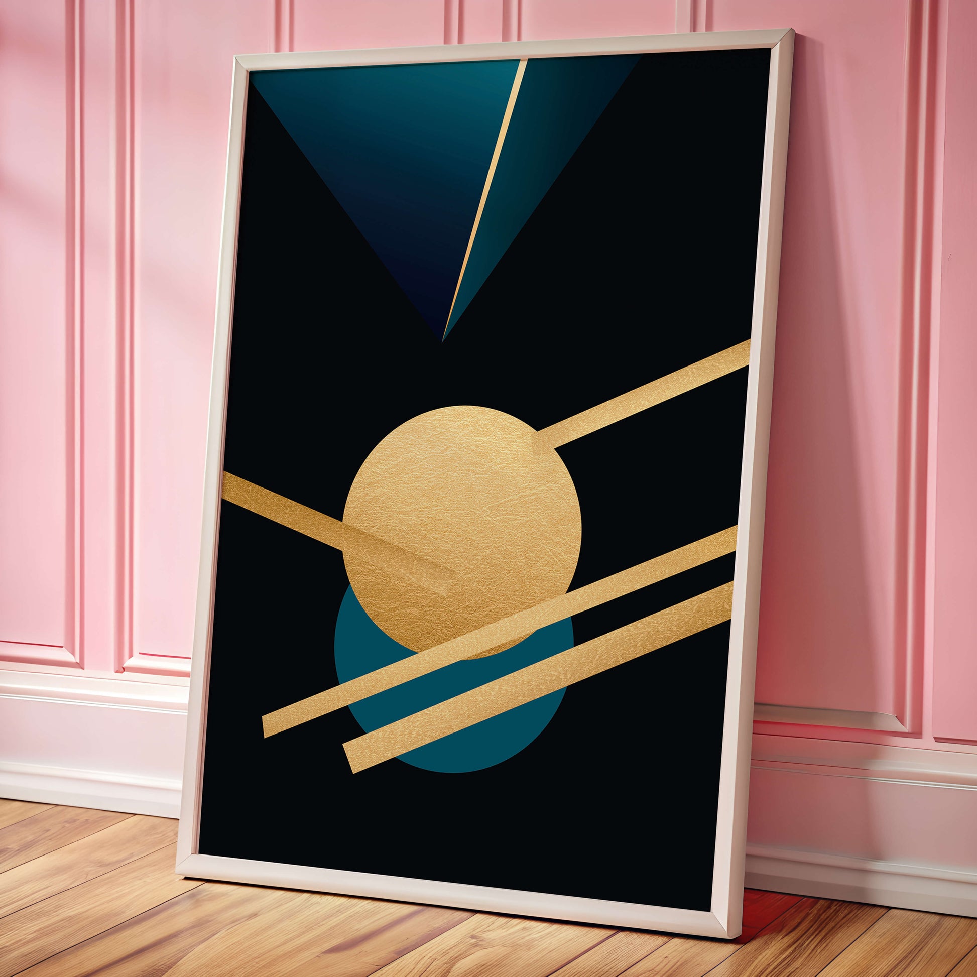Abstract Geometric Composition with Gold and Blue Elements