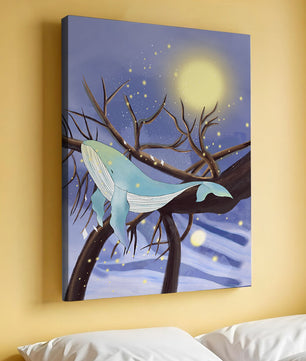 Whale resting on tree branches under starry night sky