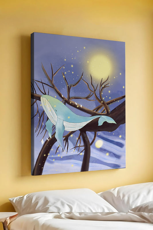 Whale resting on tree branches under starry night sky