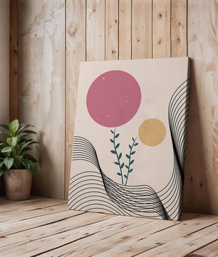 Composition florale abstraite avec des cercles roses et orange sur fond minimaliste