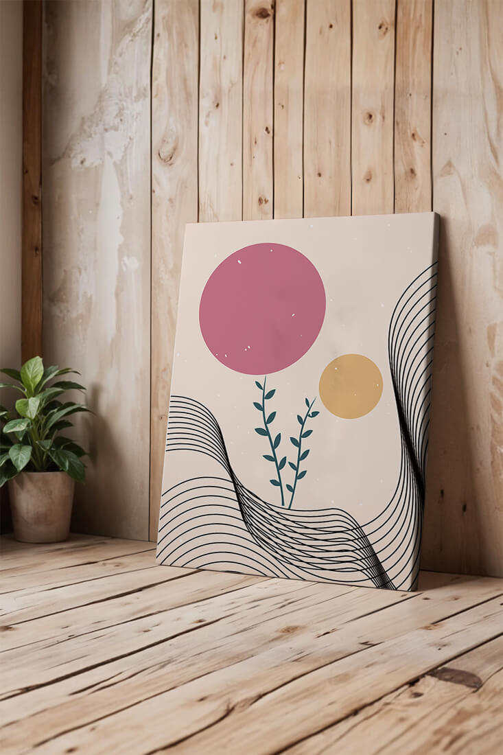 Composition florale abstraite avec des cercles roses et orange sur fond minimaliste