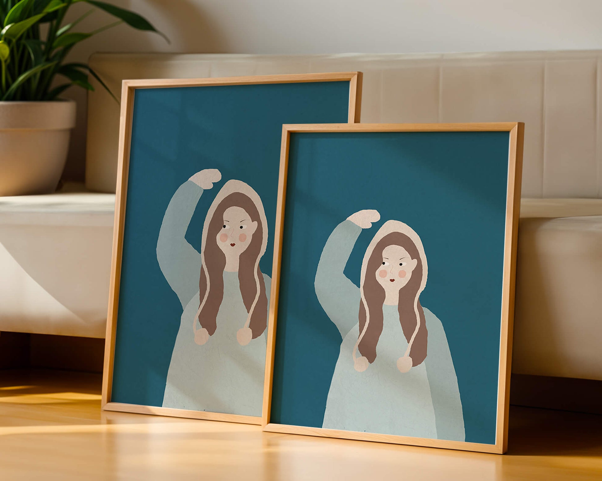 Illustrated girl with hoodie on teal background