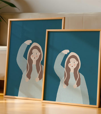 Illustrated girl with hoodie on teal background