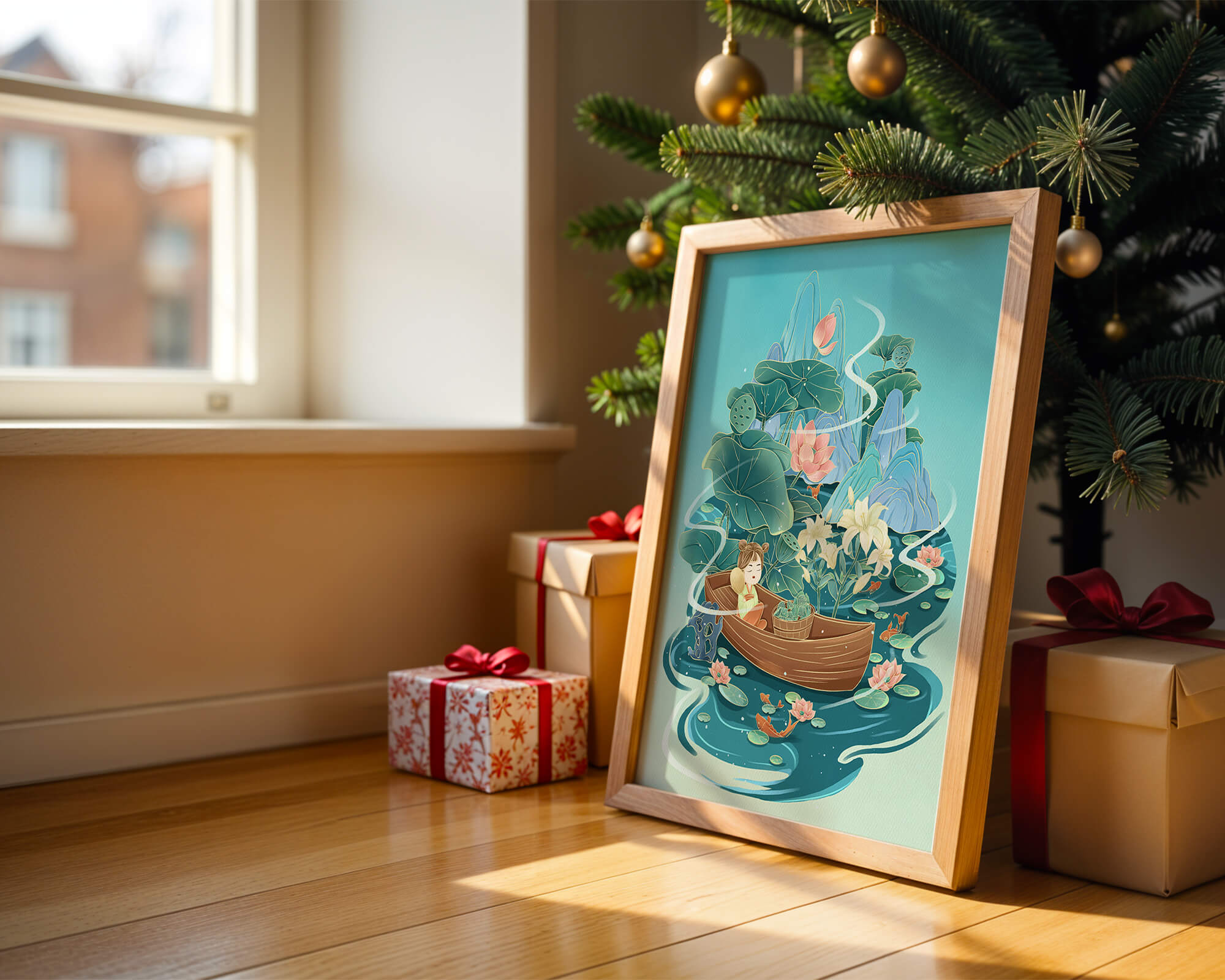 Serene landscape with lotus and boat in a tranquil water scene