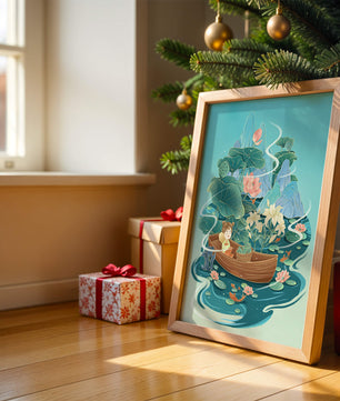 Heitere Landschaft mit Lotus und Boot in einer ruhigen Wasserszene